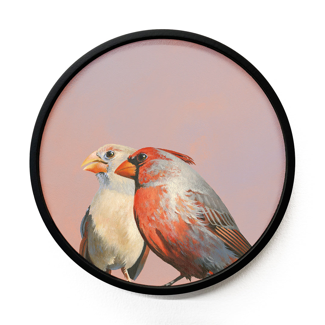 8 inch Round Cardinal Pair Framed Wings on Wood Decor